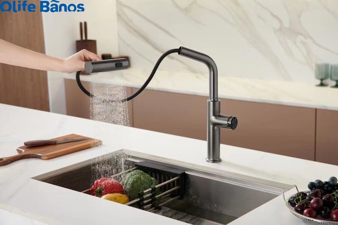 2023 Olife Banos New Pull Out Digital Temperature Display Waterfall 3 Ways Gunmetal White Kitchen Tap Mixer Faucet For Kitchen factory