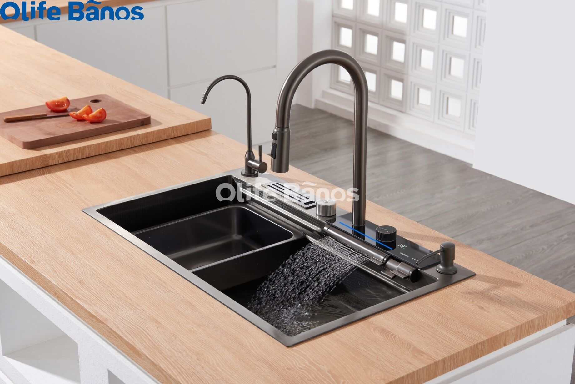 Olife Banos Tiktok Trend SUS 304 Led Digital Display Waterfall Faucet Bionic Honeycomb  Kitchen Sink With Cup Washer manufacture