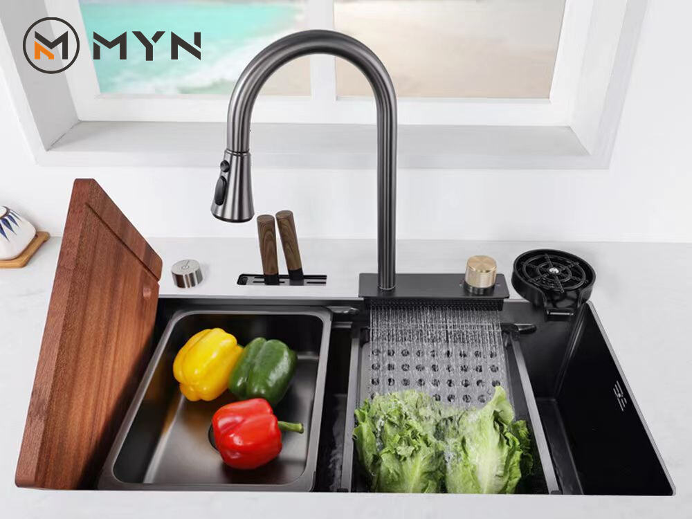 2023 New Extended Multifunctional  Waterfall Faucet Stainless Steel 304 Single Bowl Kitchen Sink With Glass Rinser  Garbage Can supplier