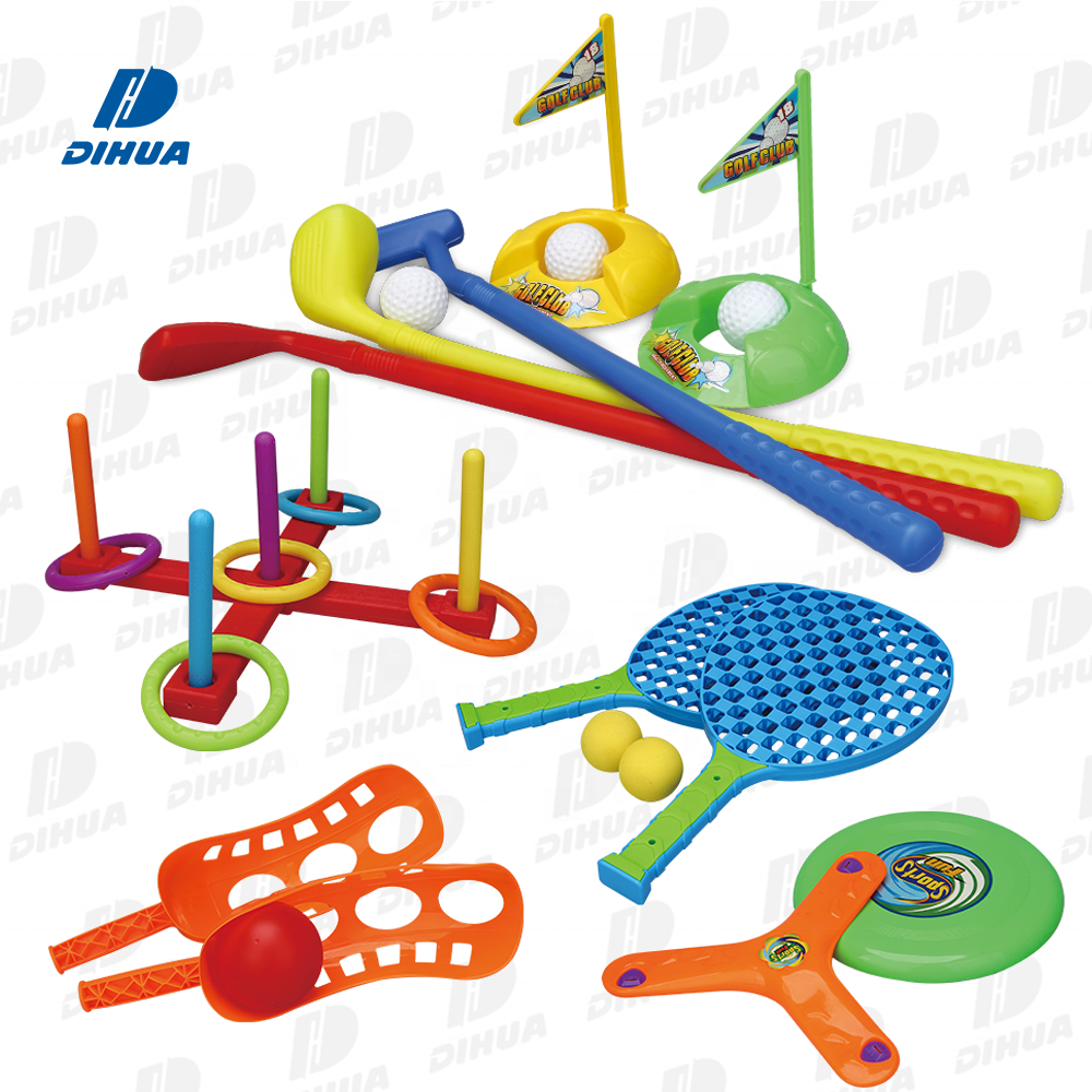 SPORTS N FUN - 6 in 1 Sport Play Set Kids Outdoor Family Combo w/ Tennis, Golf, Flying Disc, Boomerang, Cross Collar,Catch Ball