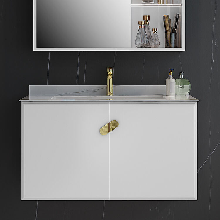 bathroom wall hung cabinet vanity wooden panel with mirror and ceramic basin details