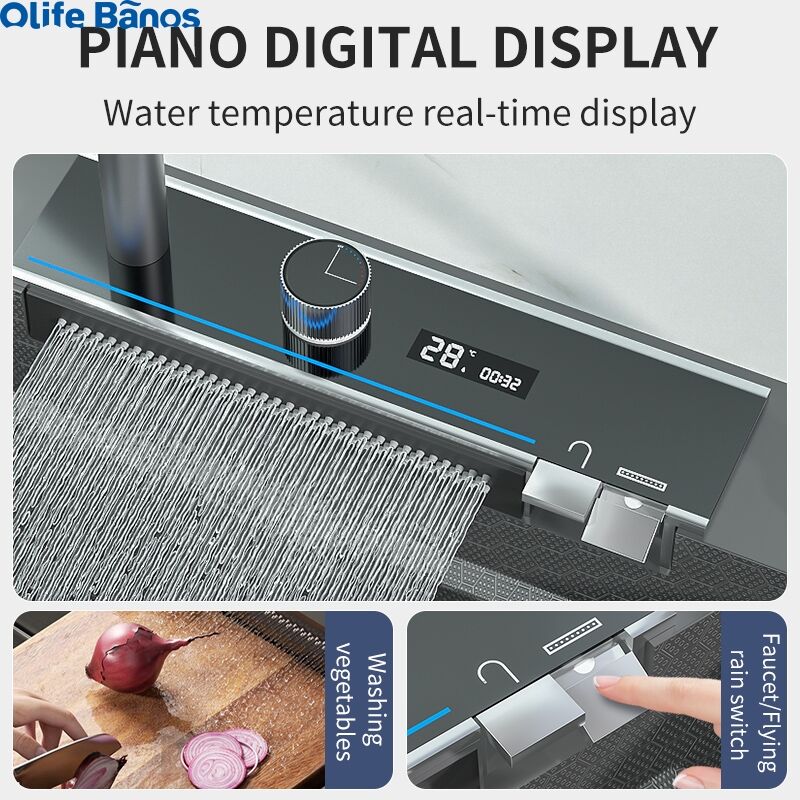 2023 Newest Design 304 Led Digital Display 2 Piano Key Waterfall Faucet Bionic Honeycomb Ceramic Kitchen Sink With Cup Washer factory