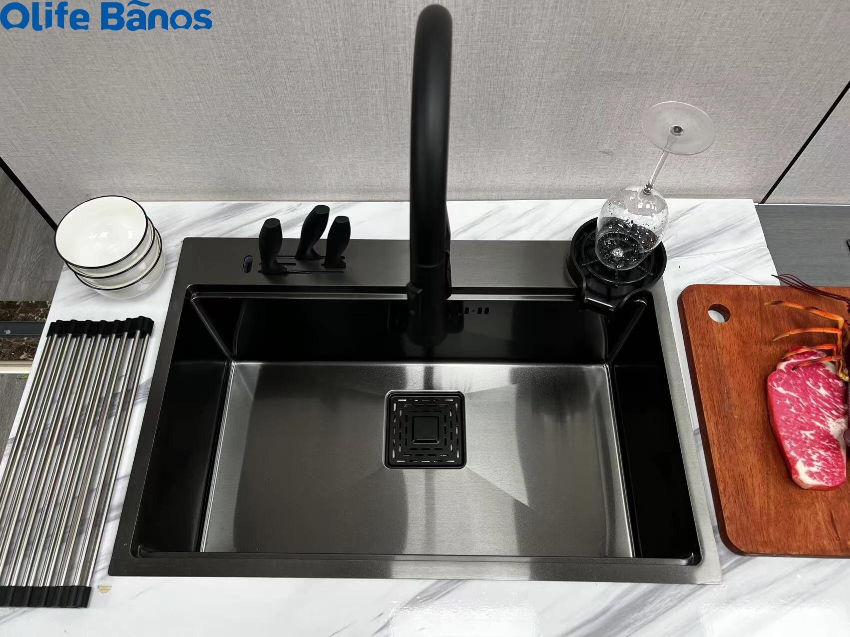 2023 Hot Sale Single Bowl 304 Stainless Steel  Kitchen Sinks  With  Knife Holder Wood Board Holder factory