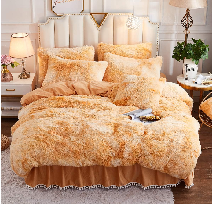 High quality faux fur plush puffy duvet set Tie-dye sand brown zipper color plush velvet quilt bedding set factory