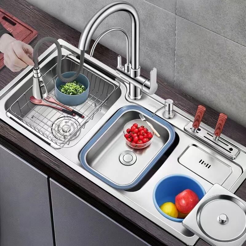 2023 New Multifunctional 304 Stainless Steel 33Inch  Above Counter Kitchen Double Bowl Sink Basin With Trash Can manufacture