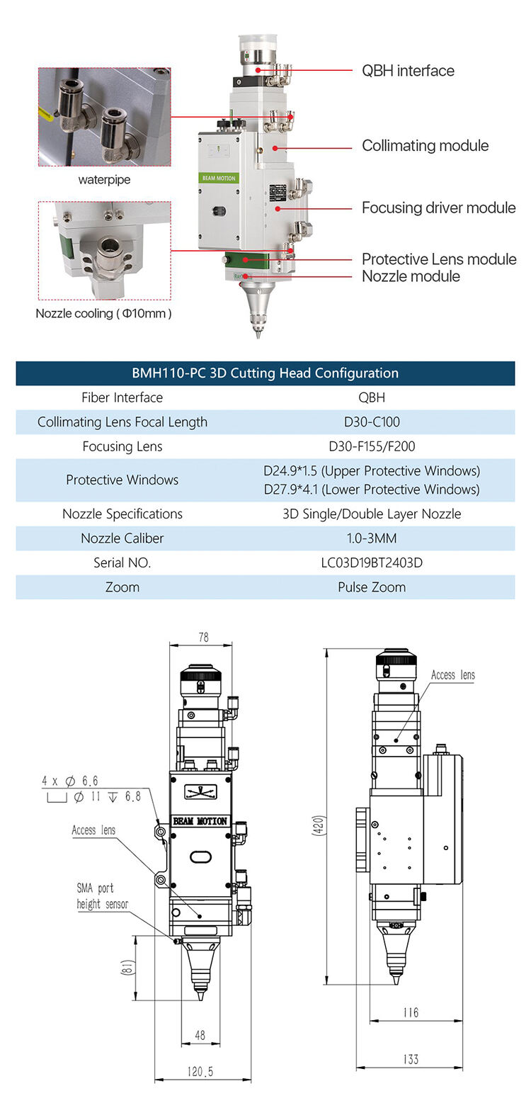 ZP 3.3kw Auto Focus Fiber Laser Cutting Head Bm110 manufacture