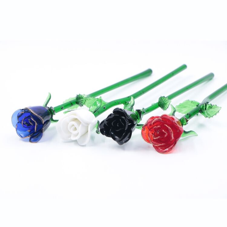 Customized Colored Murano Art Lampwork Long Stem Glass Craft Flower Rose Wholesale supplier