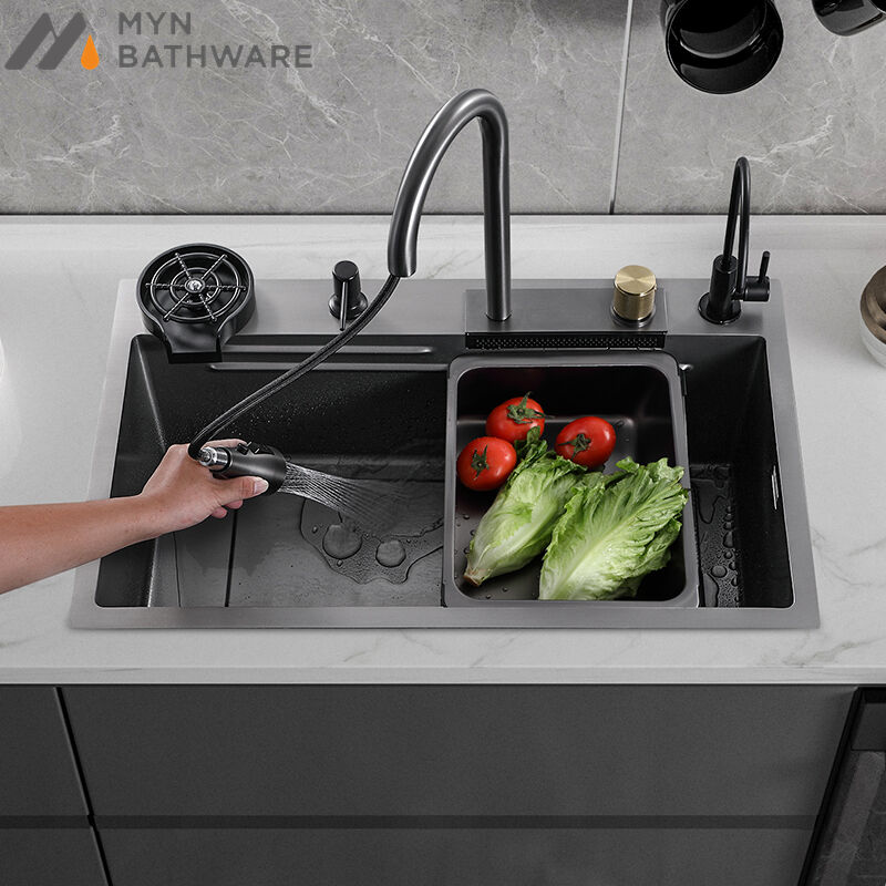 Tiktok Trends Stainless Steel All in One Kitchen Sink With Pull Down Faucet Waterfall Kitchen Faucet With Kitchen Drain factory