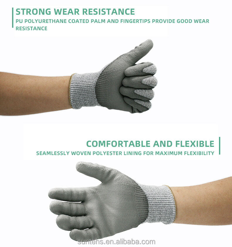 High quality PU palm finger coating protective gloves 16-560 gray seamless weave gloves supplier