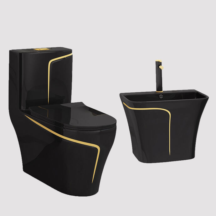 Luxury Sanitary One Piece Commode Black Gold Bathroom Toilet And Basin Floor Mounted Colored Toilet Bowl Black Toilet Set manufacture