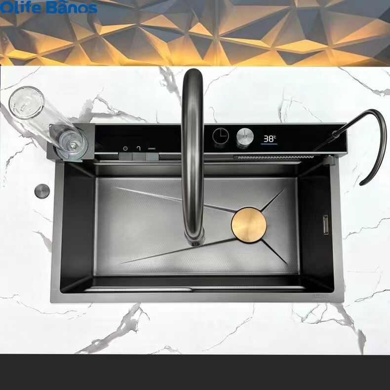 Tiktok Trend 304 SS Multifunctional Automatic Dishwasher Digital Display Waterfall Faucet Farmhouse Kitchen Sink