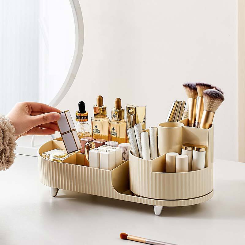 Cosmetics storage box Rotating pen holder Vanity table desktop large capacity makeup brush lipstick eyeshadow powder puff shelf details