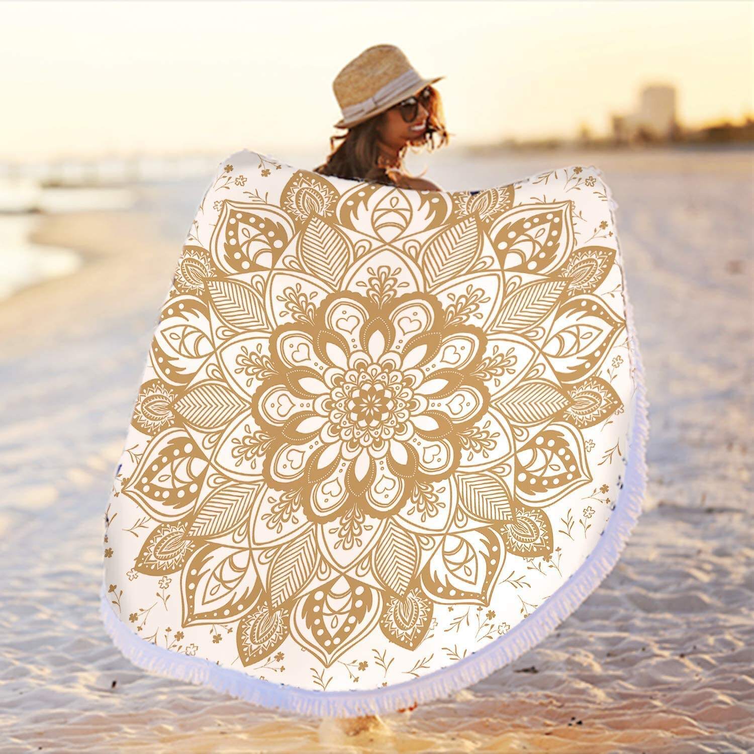 Luxury Custom 100% Microfiber Large  Printed Tassels Round Sand Free  Beach Towel details