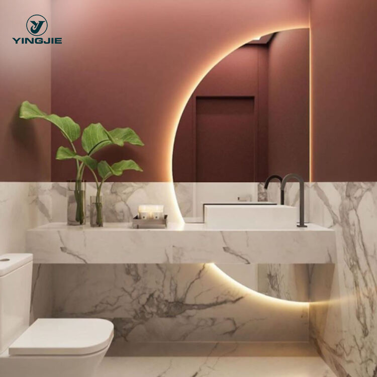 custom illuminated bathroom half moon mirror light glass switch touch screen smart mirror manufacture