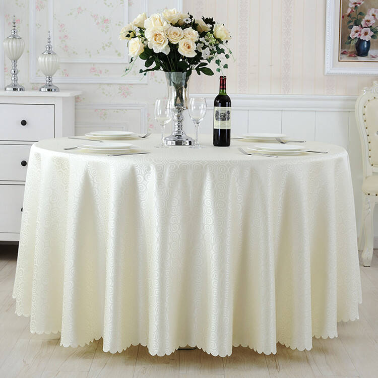 Cheap white wedding spandex chair cover and cream/beige table cloth details