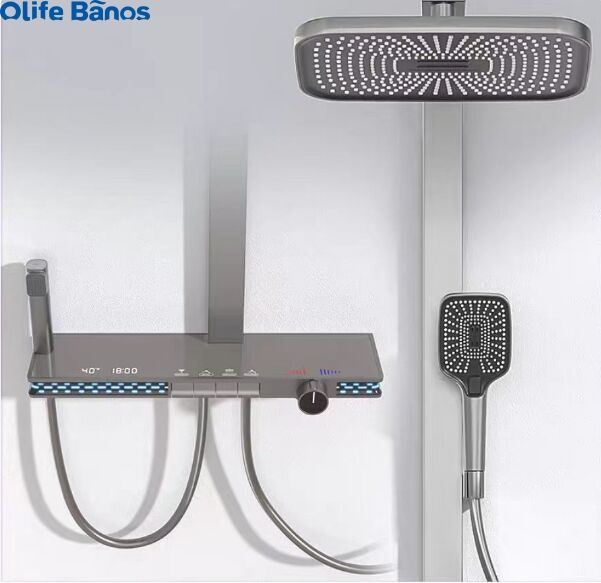 Olife Banos bathroom milky white digital  blue light led piano key waterfall rainfall shower head faucet hot cold shower set manufacture