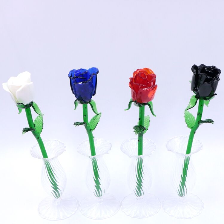 Customized Colored Murano Art Lampwork Long Stem Glass Craft Flower Rose Wholesale manufacture