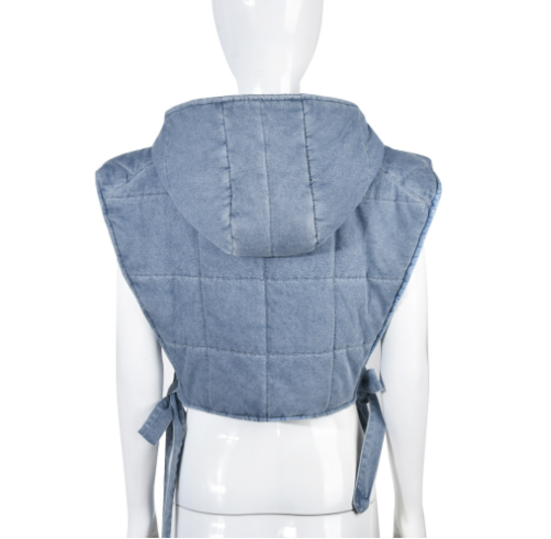 Vintage Hooded Puffer Denim Vest Coat Jacket Women2023 Streetwear Side Slit Bandage Cargo Short Jeans Denim Vest With Hooded manufacture