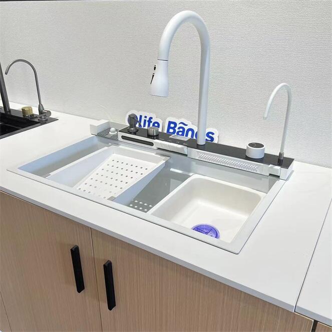 Tiktok New Trend  White One Piece  Piano Key Digital Display Two Waterfall Faucet Kitchen Sinks With  Automatic Cup Washer