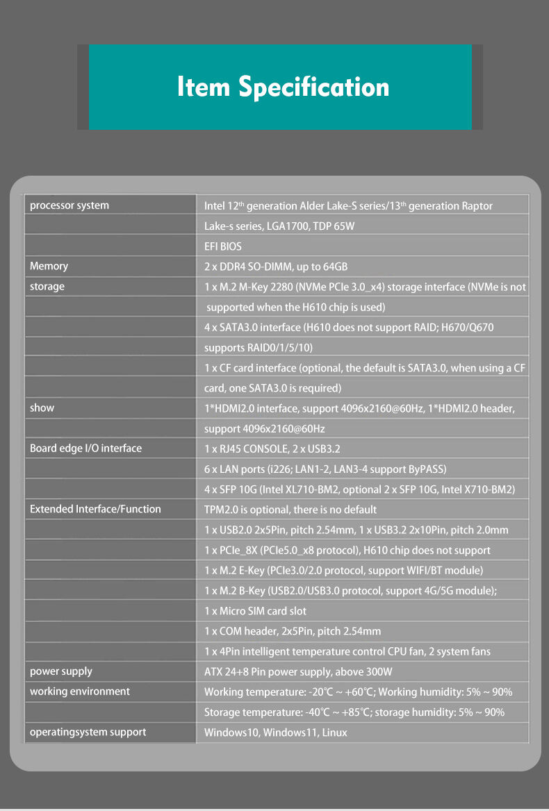 Piesia 6Lan 4*10g SFP 1U Server Mainboard 12th/13th Gen Core i3/i5/i7/i9 LGA 1700 H610/H670/Q670 Router Pfsense Firewall Motherboard manufacture