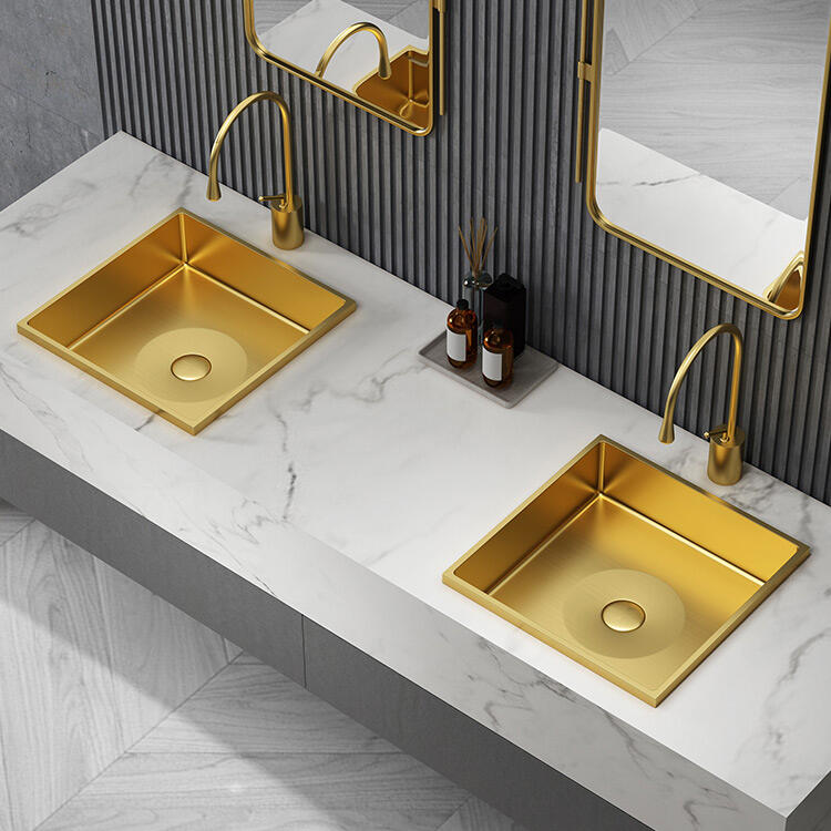 Luxury High-end Golden Bathroom Stainless Steel SUS304 Semi Counter Sinks Wash Basins for Hotel Villa factory