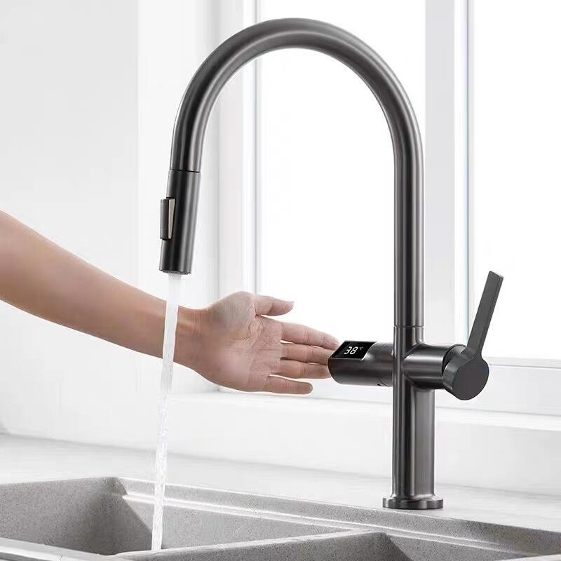 2023 New trend design smart digital touchless control pull out kitchen sink faucet mixer with temperature show display details