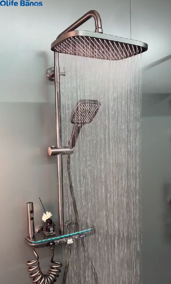 2023 new design bathroom gunmetal blue led light  piano key thermostat shower head faucet luxury  piano key hot cold shower set details