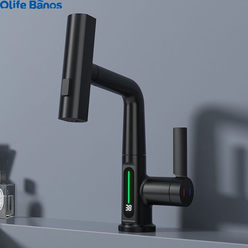 Olifebanos matt black digital  go up and down basin mixer lavatory faucets with pullout deck mounted LED display black factory