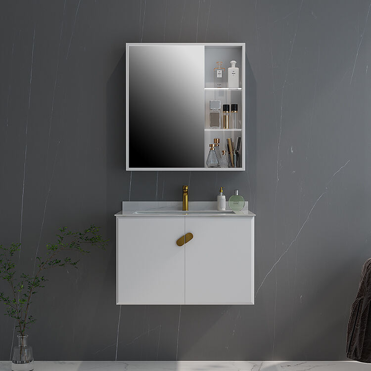 bathroom wall hung cabinet vanity wooden panel with mirror and ceramic basin factory