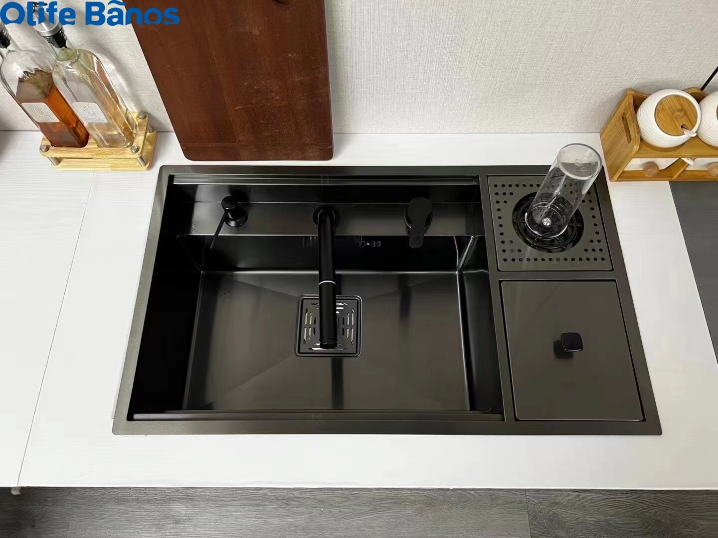 Tiktok trend sink stainless steel 304 black kitchen household hidden single sink with cup washer  trash can manufacture