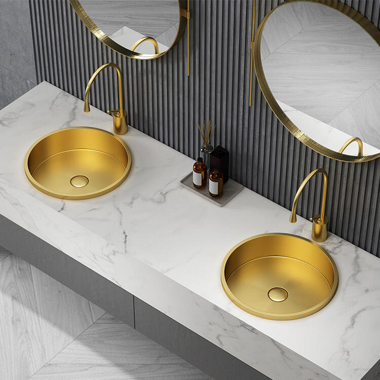 Modern Luxury Stainless Steel Golden Bathroom Sinks SUS304 Semi Counter Sinks Wash Basins for Hotel details