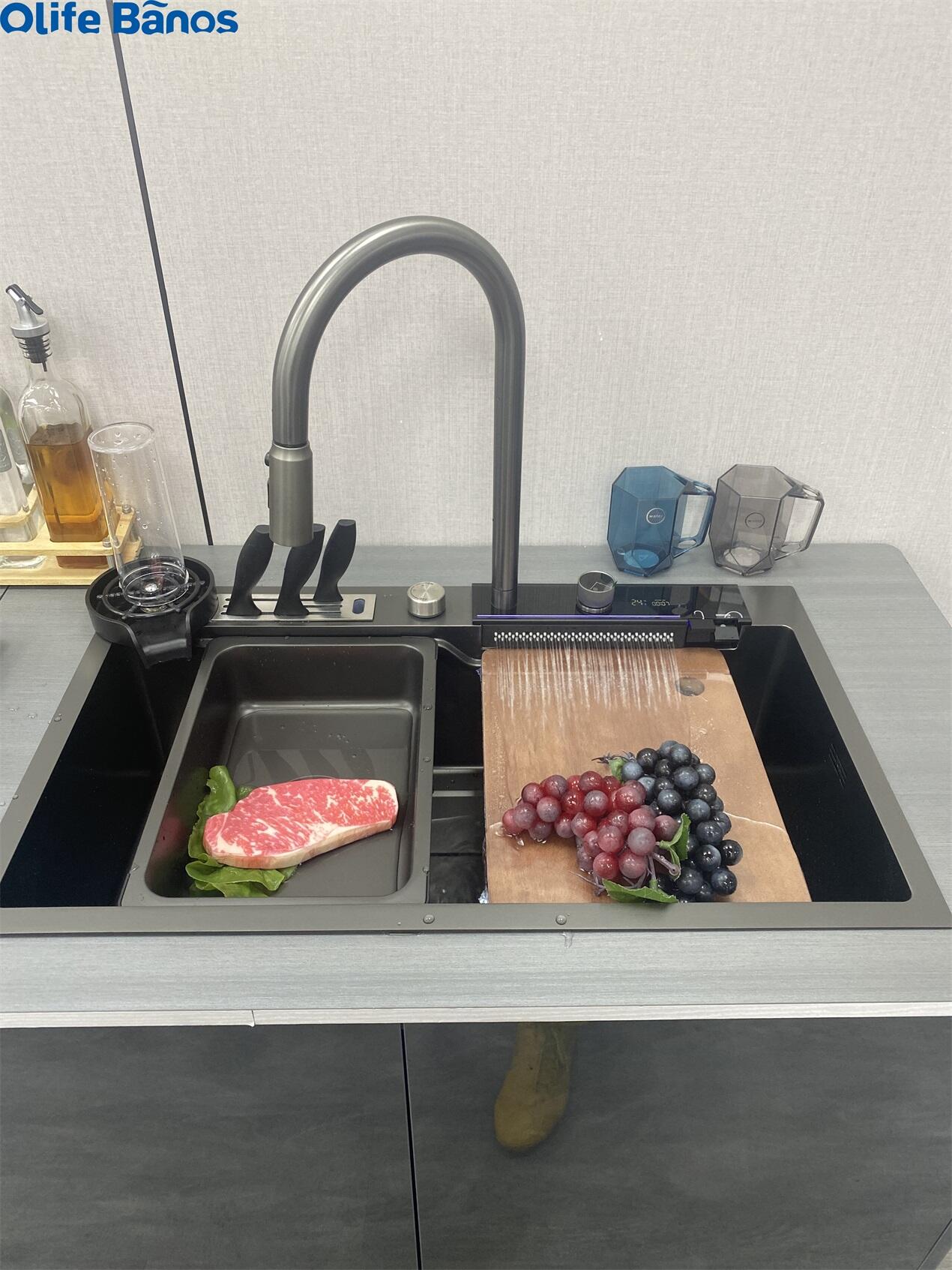 2023 New Design Temperature Digital Display Waterfall Faucet  304 Stainless Steel Kitchen Sink With Knife Holder details