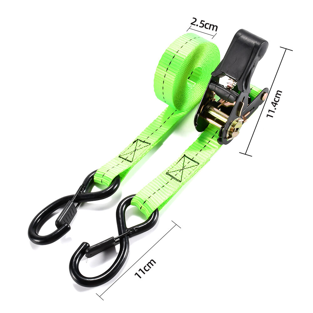 2pk 1'' 800Kg Anti-rust Ratchet Tie Down Strap with Rubber Protected S-Hook details