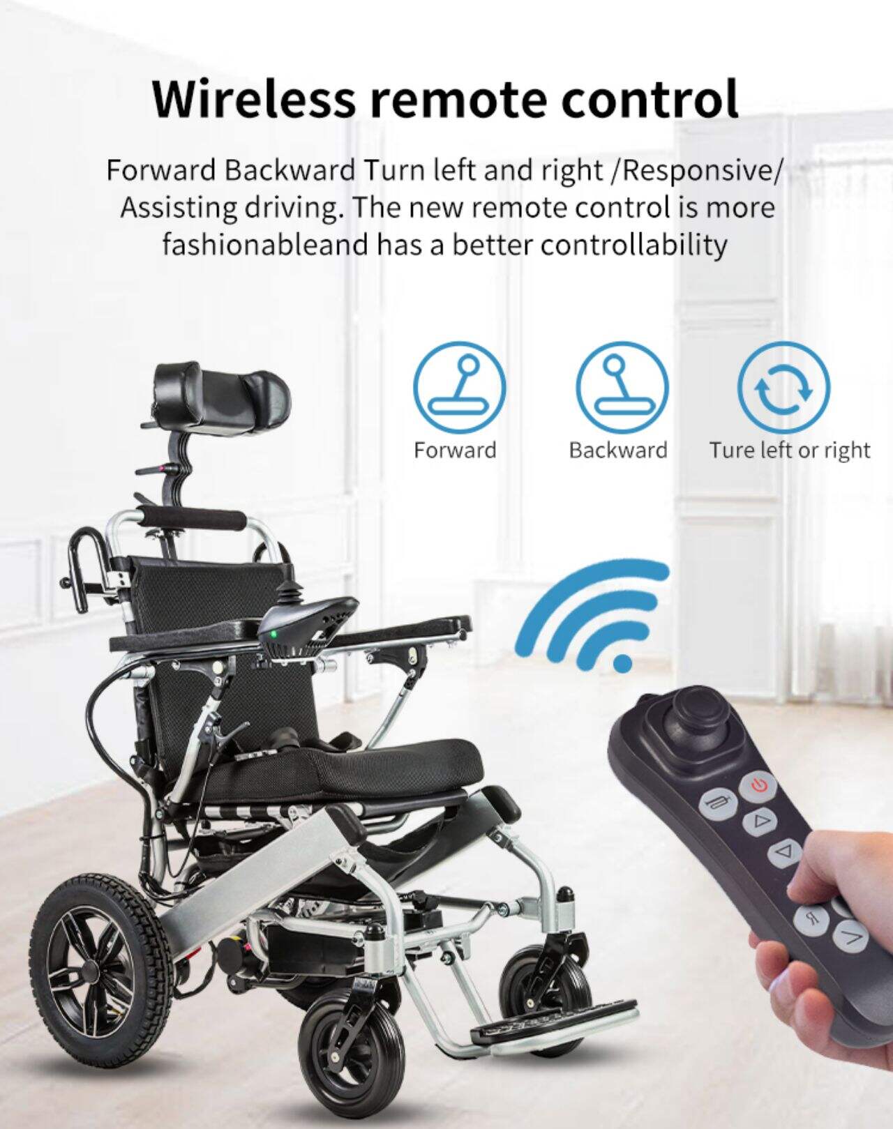 KSM-601P Reclining 20.5inch Anti-decubitus Latex Cushion Electric Power USB Light Joystick Remote Control Motorized Wheelchair factory