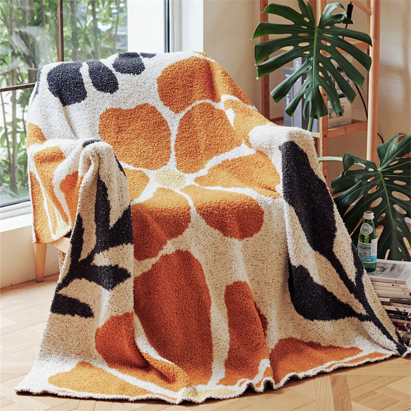 Flower print 100% microfiber super soft feather yarn knitted throw blanket for home decoration HQ details