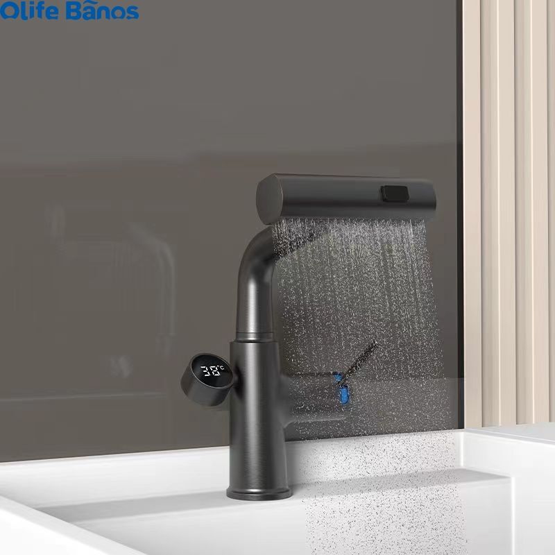 Olifebanos Gun Gray White Digital Display Pull Out Waterfall Rain Fall  Faucet 3 Functions Desk Basin Mixer Tap Faucet supplier