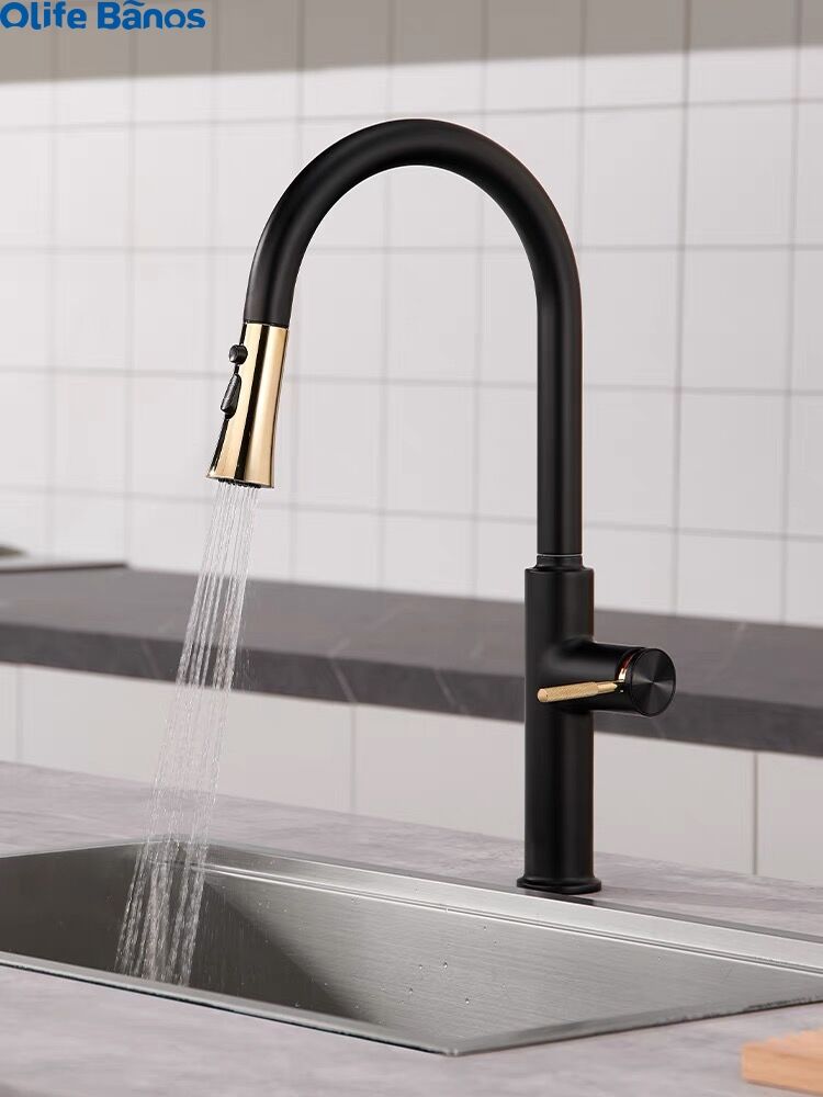 2023 Kitchen pull-out telescopic faucet hot and cold water tank mixing valve black gold kitchen faucet with broom head factory