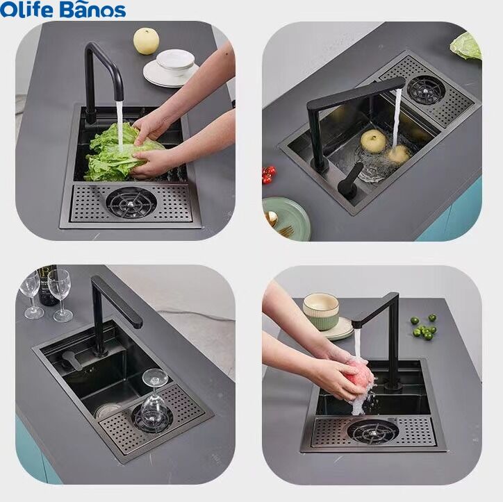 Amazon hot sale 304 sus  black kitchen concealed  hidden lift taps sink basin  with cup washer  drain off details