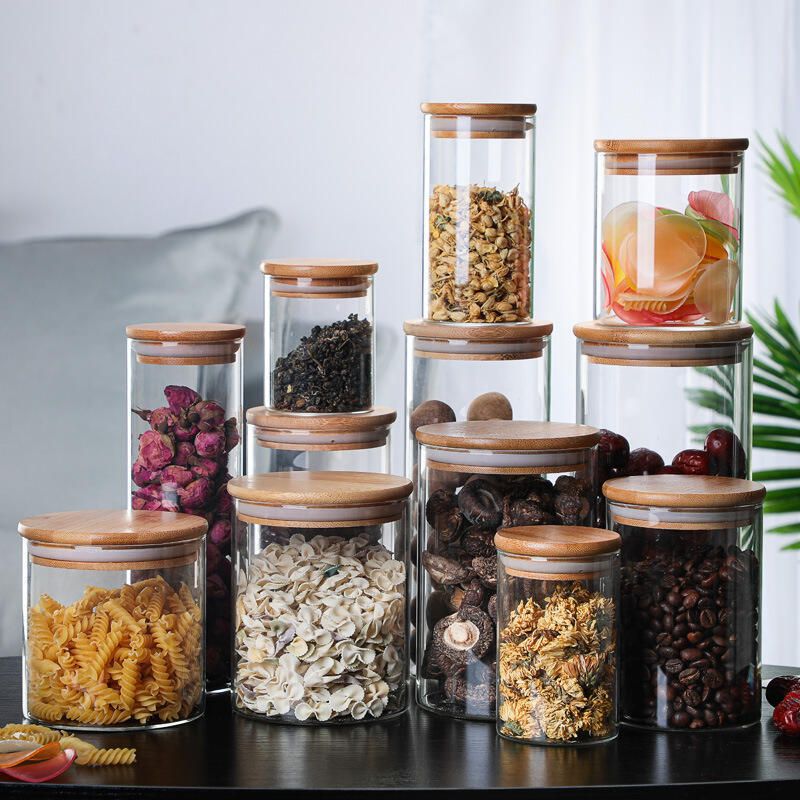 Round Borosilicate JarKitchen Storage Tools Containers Jar Vial Honey Spices Glass Food Storage Containers Jar With Bamboo Lid