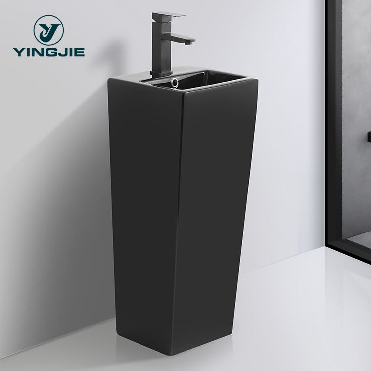 Factory Supplier Independent Glossy Black Free Standing Square Shape Column Pedestal Bathroom basin