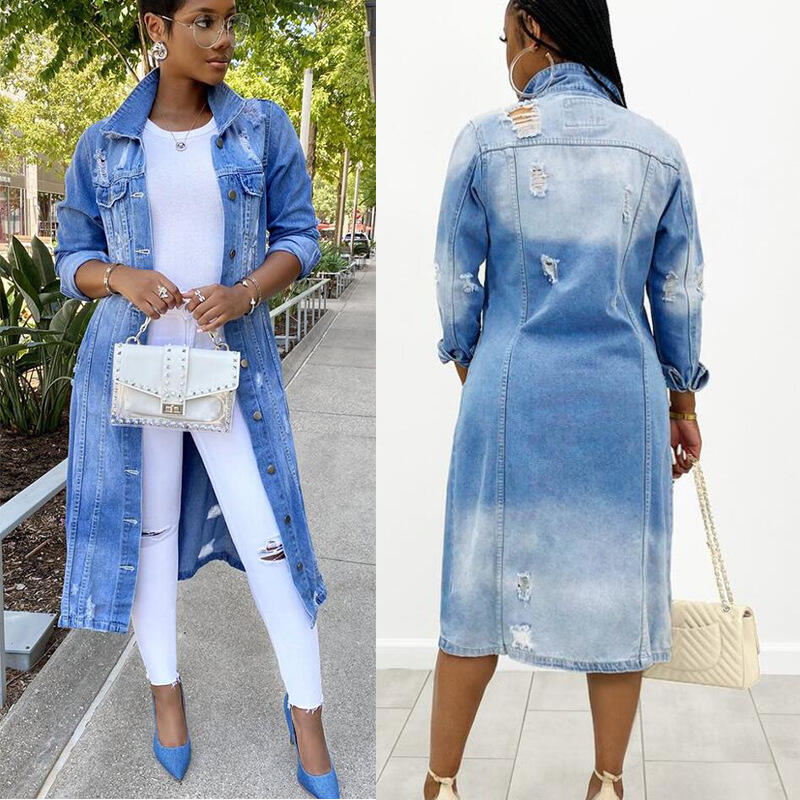 Denim Jacket Women's Solid Color Tassel Breasted Ripped Hole Long Denim Trench Coat supplier