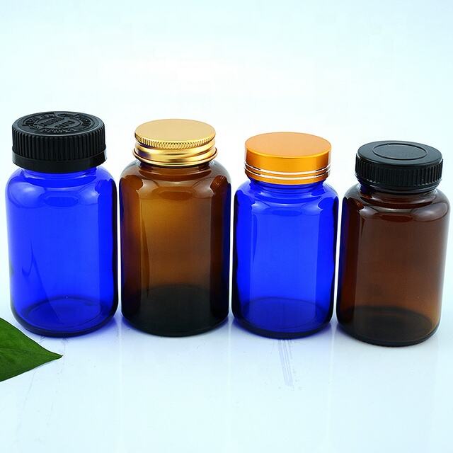 Amber capsule glass medicine pill empty bottles packaging wide mouth glass bottle with cap for vitamin tablet details