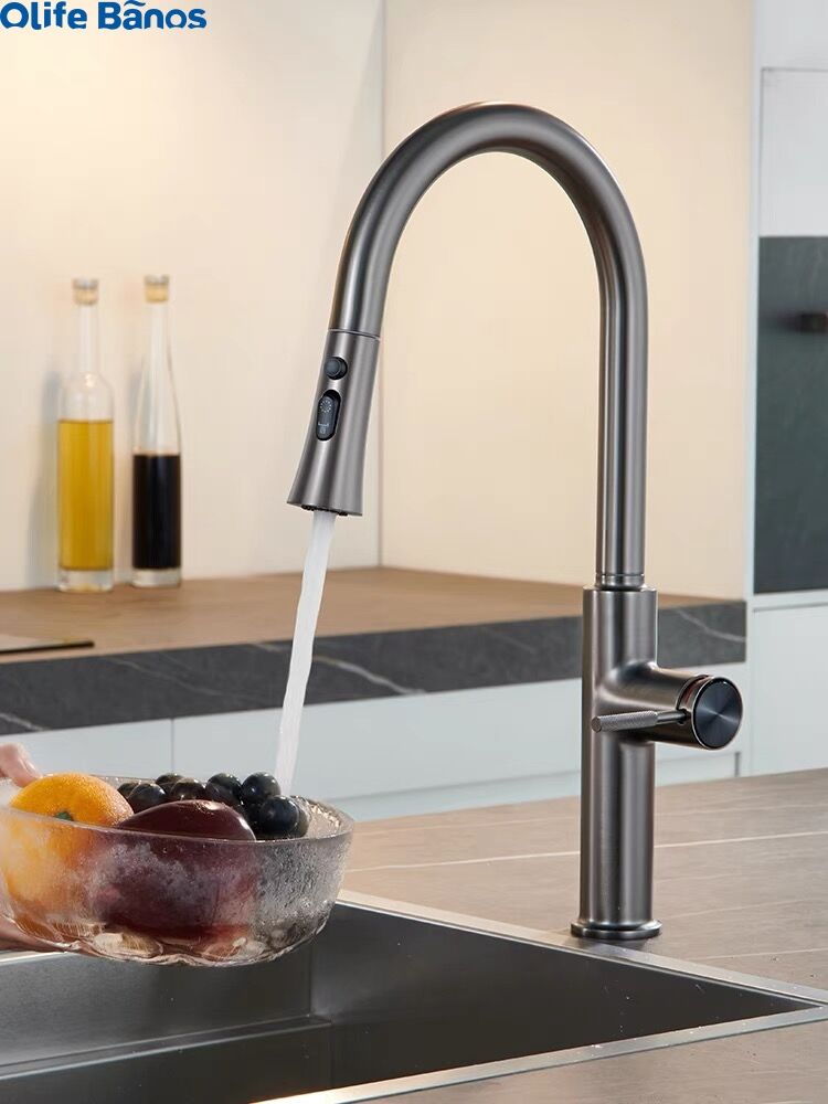 2023 Kitchen pull-out telescopic faucet hot and cold water tank mixing valve black gold kitchen faucet with broom head manufacture