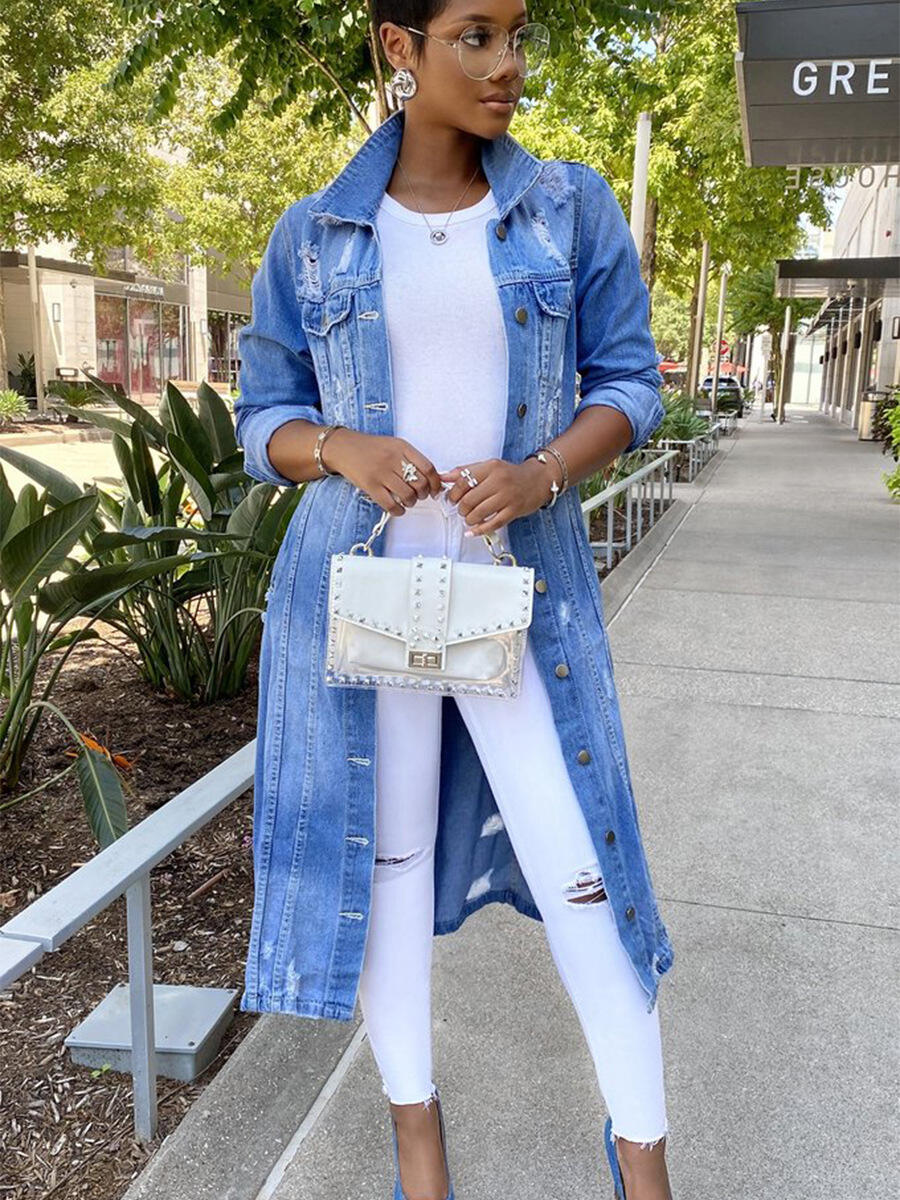Denim Jacket Women's Solid Color Tassel Breasted Ripped Hole Long Denim Trench Coat details