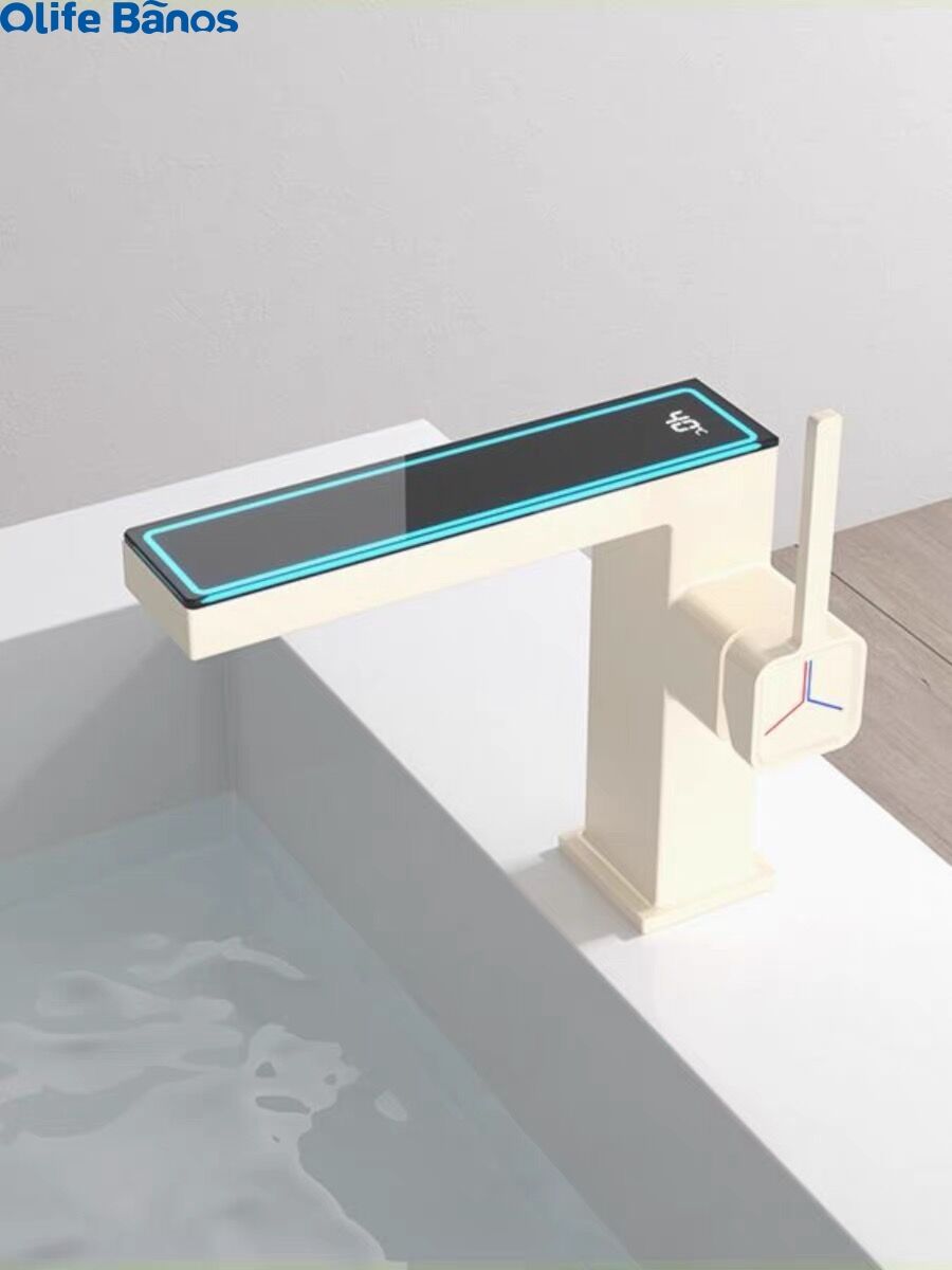 Digital temperature display led white water mixer tap brass deck mounted electric white bathroom basin faucet with side handle factory