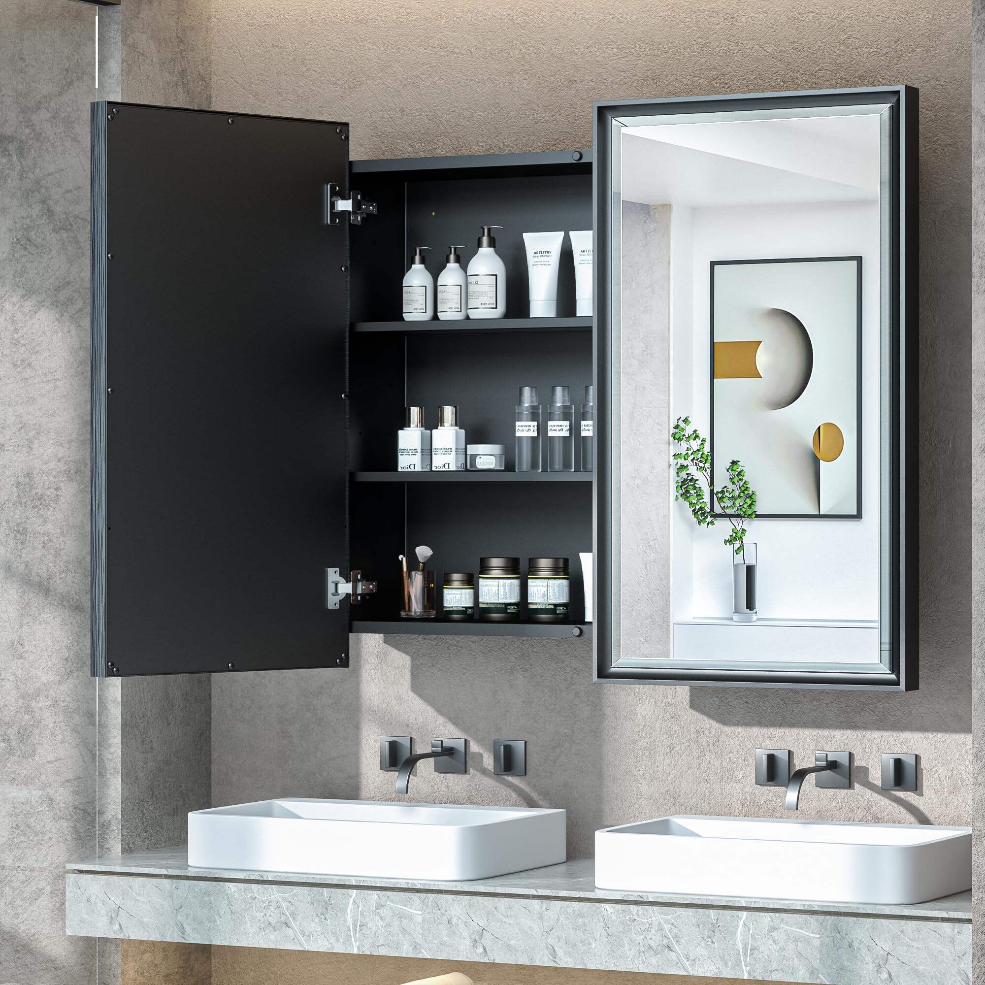 JJGullit fournisseur de miroir de salle de bain Armoire à pharmacie 36x32 Miroir de courtoisie de salle de bain avec cadre en métal noir encastré ou fixé au mur en surface avec bords biseautés en alliage d'aluminium Design 2 portes pour ferme moderne