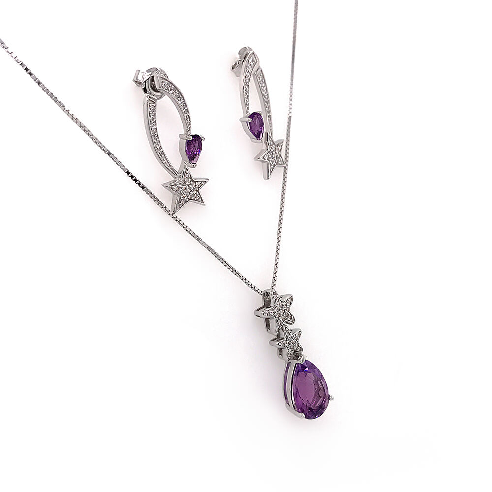 Fashion Jewelry 925 Sterling Silver Beautiful Purple Gemstone Jewelry Set Star Shape Design