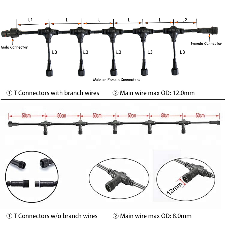 T Type 3 Way 2 3 Pin Waterproof Electrical Connectors IP68 For Lighting Solutions supplier