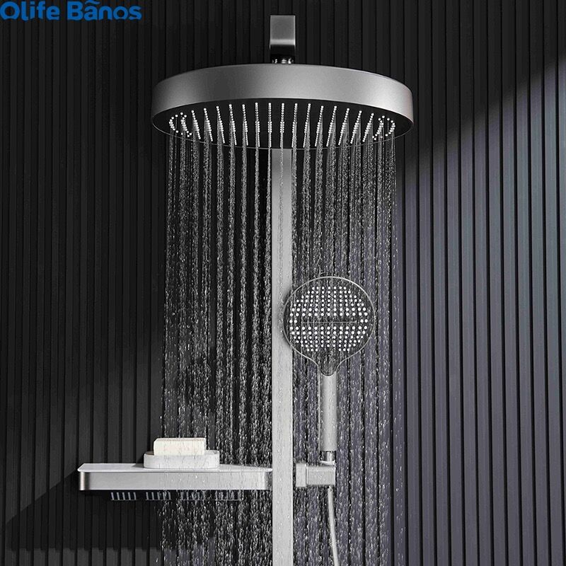 2024 Tiktok Trend Brass Wall Mounted  Multifunctional Shower Digital Piano Digital Display Bathroom LED Shower Set With Shelf factory