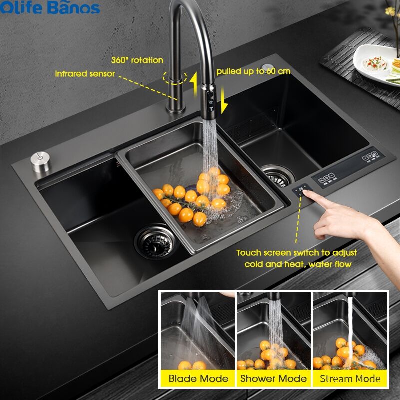 Olifebanos   High Temperature Disinfection Dryer Ultrasonic Sink Washing Fruit Vegetable And Seafood 2 In 1 Sus304 Kitchen Sink supplier